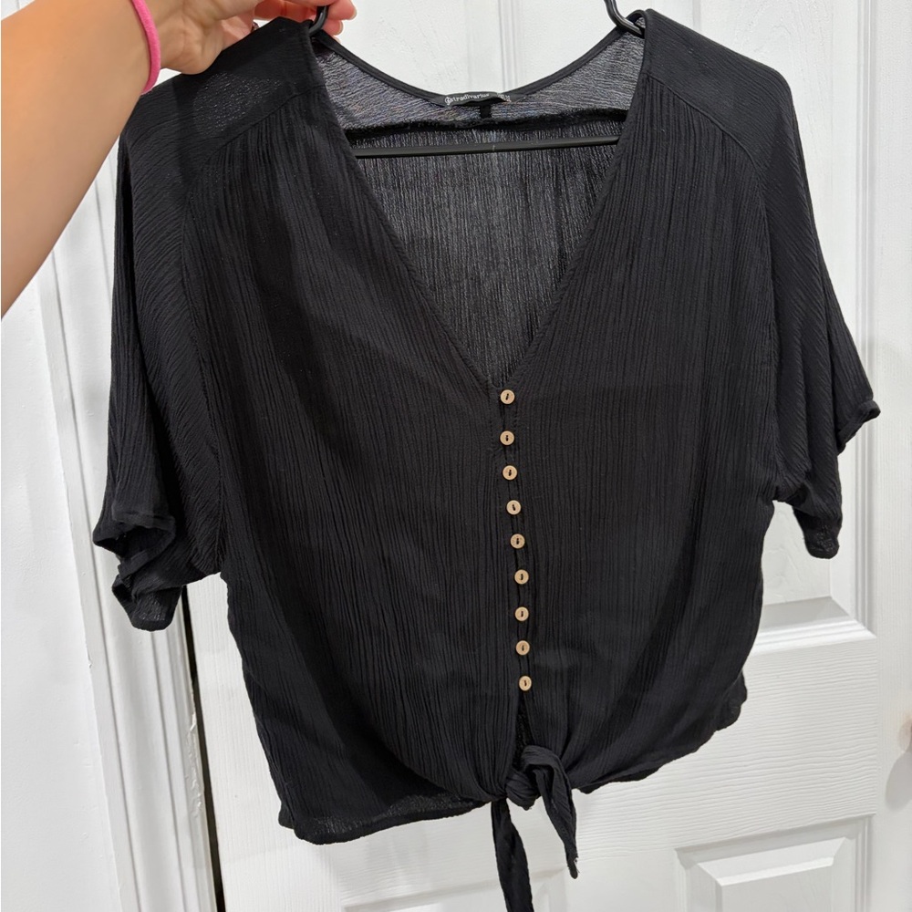 stradivarius Black Button-Front Tie Hem Top